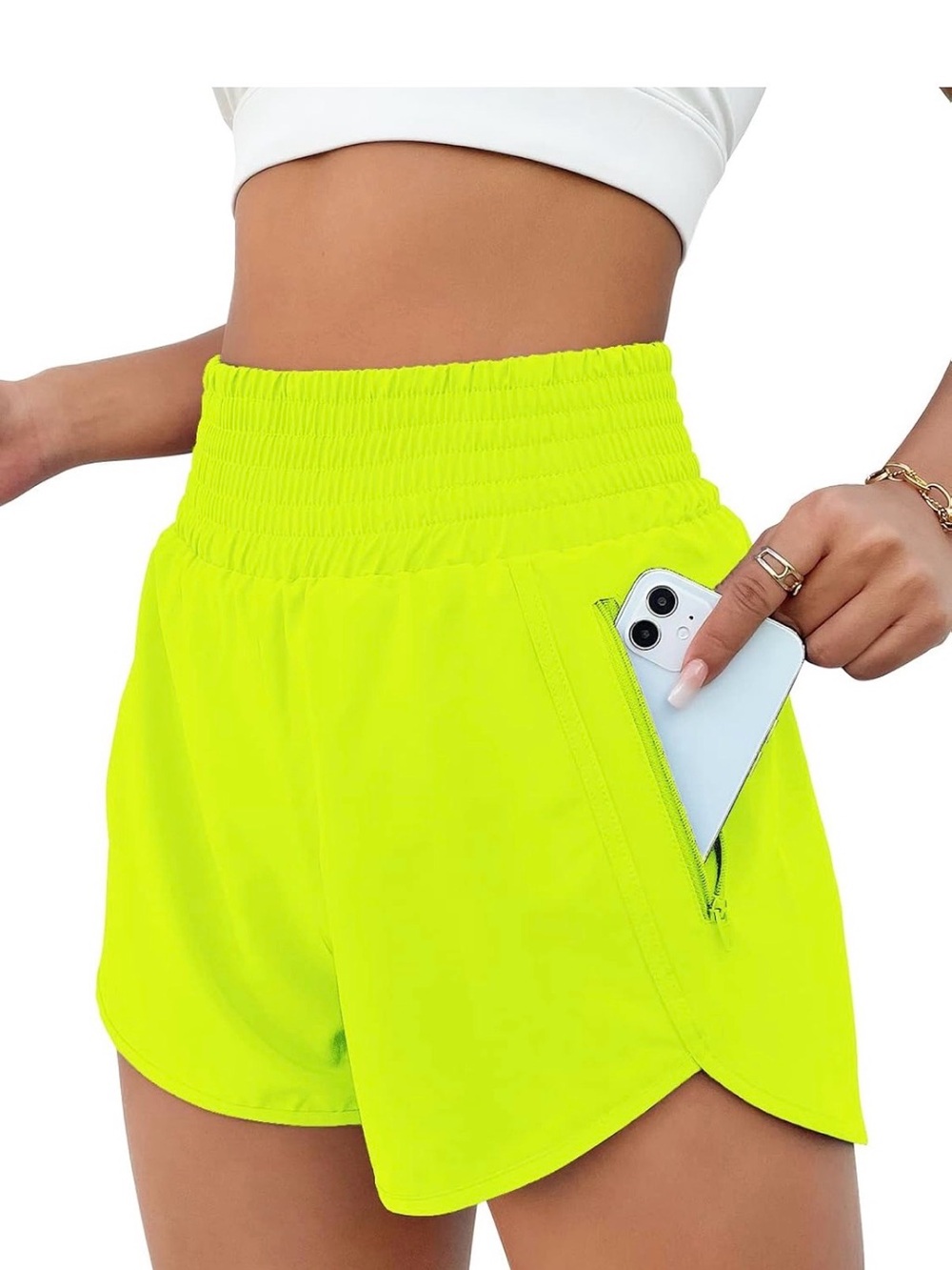 High-Waist Neon Green Active Shorts with Zipper Pocket- Womens size: S